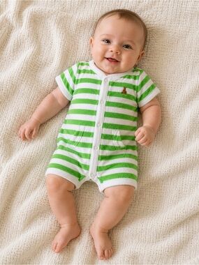 Baby Gap Green & White Terrycloth Summer Romper 0/3M 0 to 3 Month